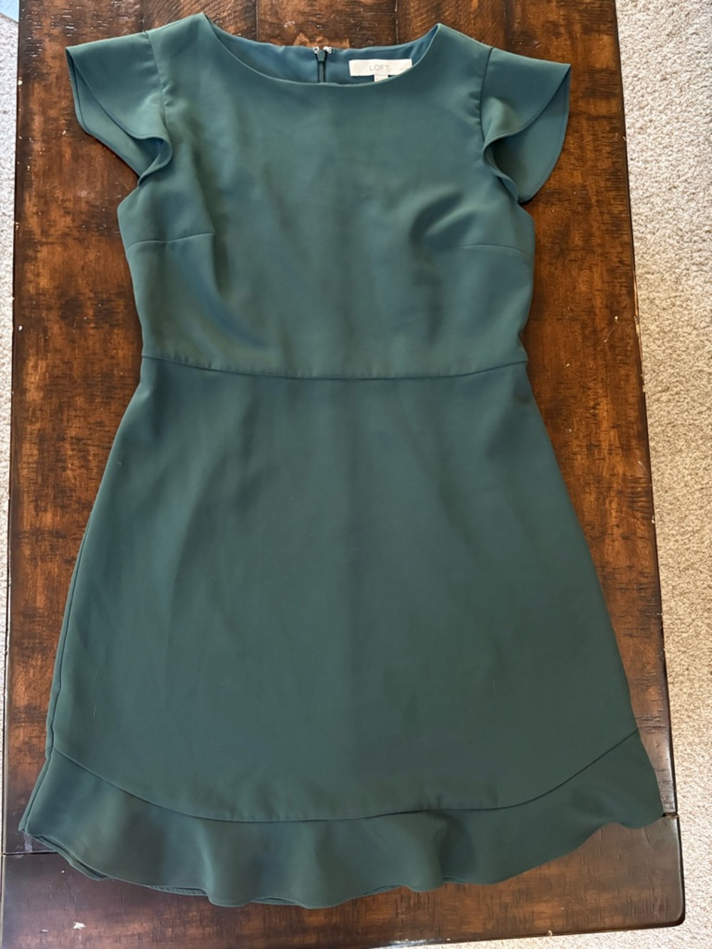 Loft Sage Green Sheath Dress with Ruffle Hem, 8 Petite